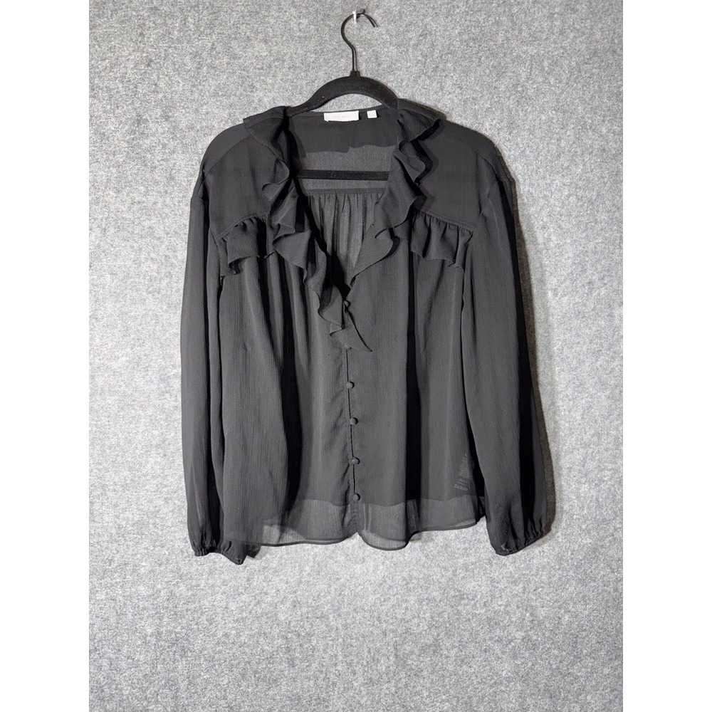 Little Moon Aritzia S Black Ruffle V-Neck Sheer Chiffon Blouse PEGO Victorian - Picture 2 of 9